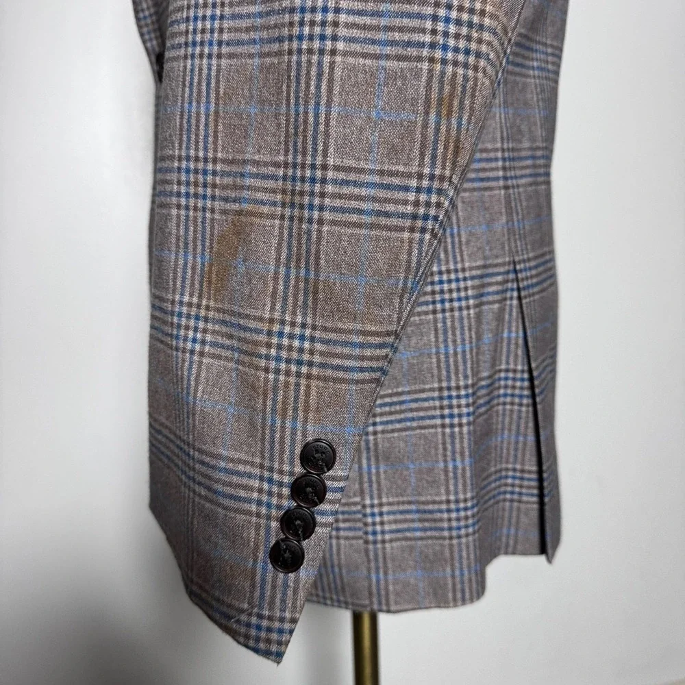 Crow & Jester Blazer Mens 38R Brown Blue Glen Plaid Wool Two Button Sport Coat